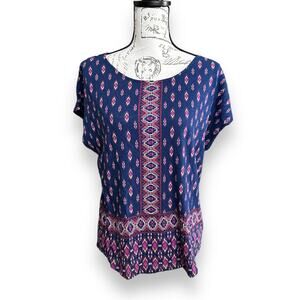 New Lucky Brand Ikat Blue Short Sleeve Twist Knot Back Keyhole Shirt Small